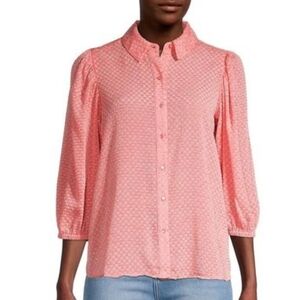 NANETTE LEPORE Semi Sheer Button-Down, Collared Blouse, 3/4 Puff Sleeve